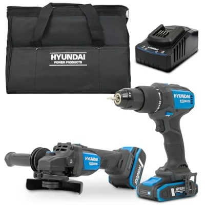 Image of Hyundai 20V Cordless Hammer Drill 60Nm and Angle Grinder 115mm Brushless Kit, inc. 2.0Ah 4.0Ah Li ion Battery 2A Charger