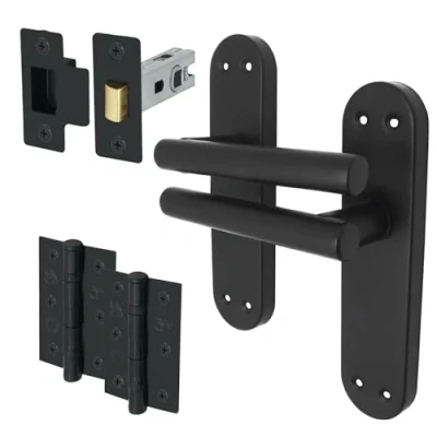 Image of EAI Black Door Handle Latch Set 1 Pair of Matt Internal Lever T Bar Handles on Backplate with Hinges (76mm) &amp; (64mm) Oliena Range