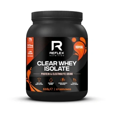 Image of Reflex Nutrition Clear Whey Isolate Protein Powder 20g of Protein, Low Sugar, Fat Muscle Growth &amp; Hydration Light and Refreshing Fruit Juice Style Flavours (Tropical, 510g, 17 Servings)