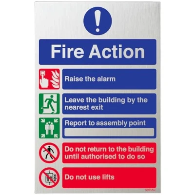 Image of V Safety General Fire Action 5 Message Sign 200mm x 300mm Self Adhesive Alu Effect