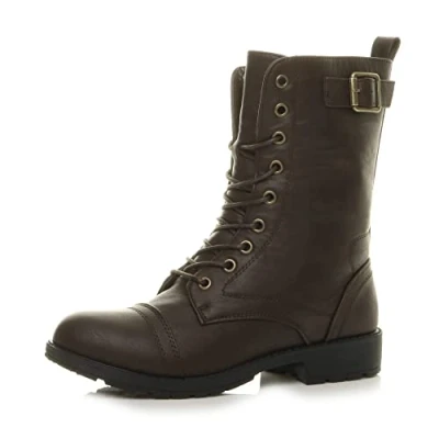 Image of AJVANI Flat Low Heel lace up Zip Combat Military Ankle Boots Size 6 39