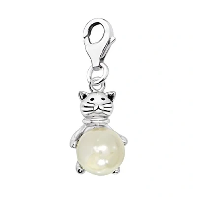 Image of Quiges 925 Sterling Silver White Imitation Pearl with 3D Cat Lobster Clasp Charm Clip on Pendant