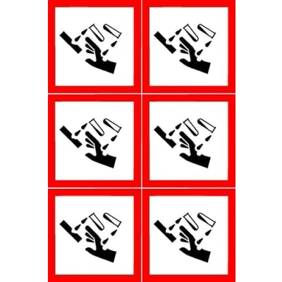 Image of Corrosive Symbol Hazard Safety Sign Pack of 6 100mm x Self adhesive stickers on sheet (300mm 200mm)
