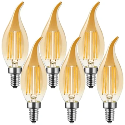 Image of MZYOYO E14 LED Light Bulb,Vintage Candle Bulb,Dimmable Bulbs,Small Edison Screw Bulb,2700K Warm White,Retro Bulbs for Chandeliers,4W Replaces 35 Watt,Amber,Pack of 6