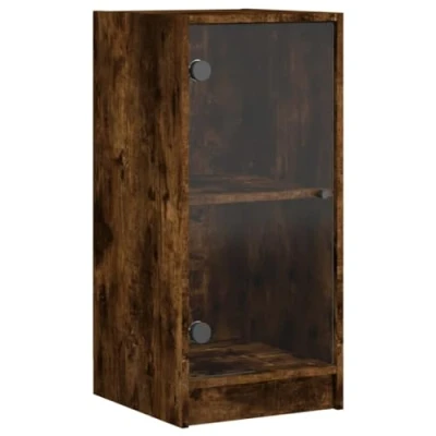 Image of vidaXL Side Cabinet in Smoked Oak with Glass Doors 35x37x75.5cm Modish Organizer for Living Room/Office/Bedroom