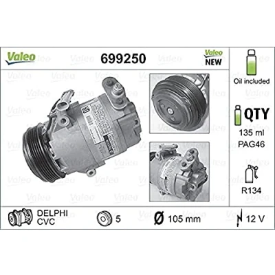 Image of 24432392, 90559855, 9174396 AC compressor VALEO NEW ORIGINAL PART 699250 CVC917 12V PAG 46 R134a with oil BMW: 3 Coupe, Touring