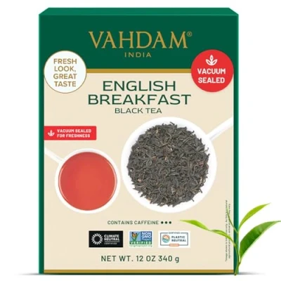 Image of VAHDAM, Original English Breakfast Black Tea Leaves 340g (170+ Cups) Non GMO, Gluten Free Strong, Robust &amp; Aromatic Loose Leaf Unblended Single Origin Vacuum Sealed Pack