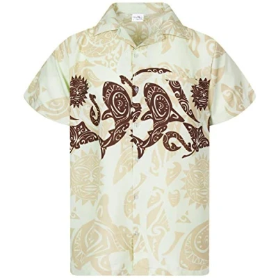 Image of King Kameha Classic Modern Hawaiian Shirt for Men Front Pocket Casual Aloha Shirts, Maori Chest, Beige, L