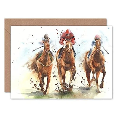 Image of Wee Blue Coo Racing Horses Watercolour Greeting Card With Envelope Inside Premium Quality