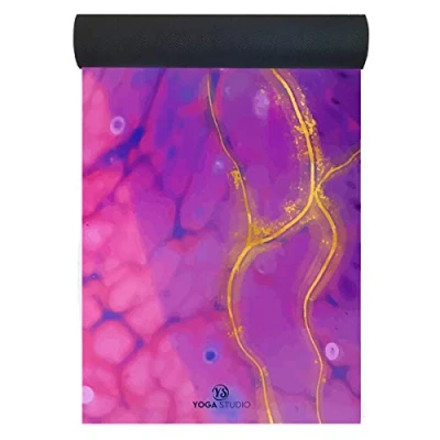 Image of Yoga Studio Vegan Suede Microfiber Mat 183cm x 61cm, 4mm Natural Tree Rubber for Power Yoga, Hot Silicone Free (Pink Marble)