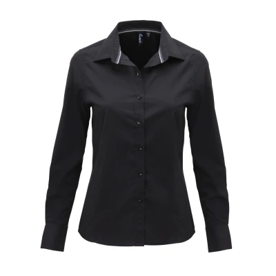 Image of Premier Womens/Ladies Stretch Fit Poplin Long Sleeve Blouse (Black) Size Small