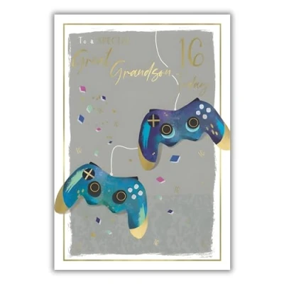Image of Great Grandson 16th Birthday Card Age 16 Modern Gaming Design Special Finishes and Illustrated Insert Leaf Made in the UK