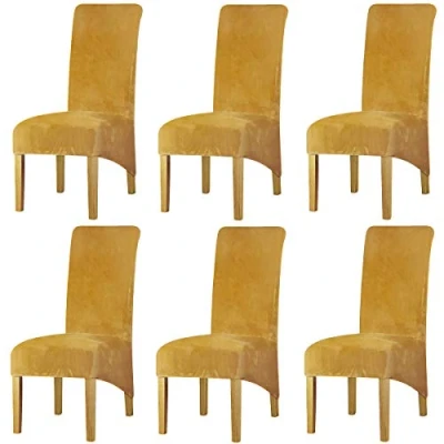 Image of LANSHENG Velvet Dining Chair Covers, Stretch Large Slipcovers for Chairs Set of 6, Washable Removable Kitchen Seat Protector Room (Mustard, 6)