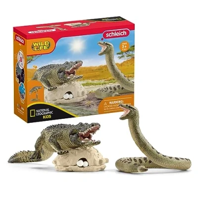 Image of schleich Wild Life 42559 Danger in the Swamp Alligator and Snake Playset 5 Piece Realistic Wildlife Farm Animal Toys with Nest Eggs Educational Play Gift for Boys Girls, Kids Age 3+