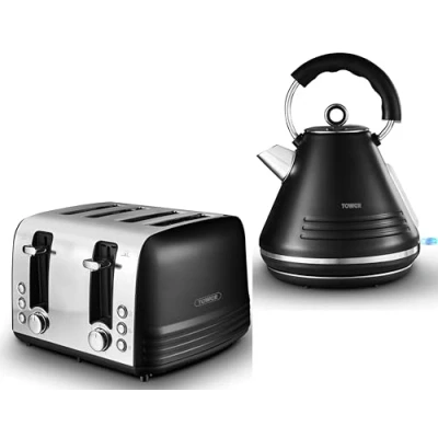 Image of TOWER Ash Black 1.7L 3KW Pyramid Kettle &amp; 4 Slice Toaster. Contemporary Matching Toaster Set in
