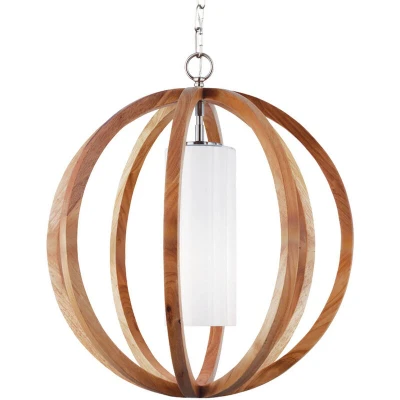 Image of Allier 1 Light Small Spherical Cage Ceiling Pendant Brushed Steel, wood, E27