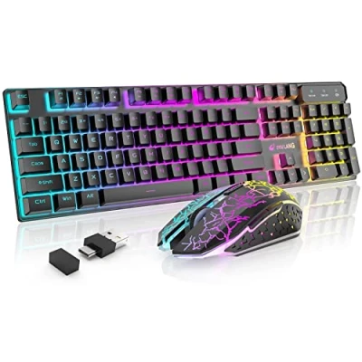 Image of T3 PRO Wireless Keyboard Mouse Combo, USB/Type C Dual Receiver, Rainbow Backlit 2.4G Rechargeable 4000 Battery Mechanical Feel Gaming + 2400DPI 6 Buttons Pad(Black)