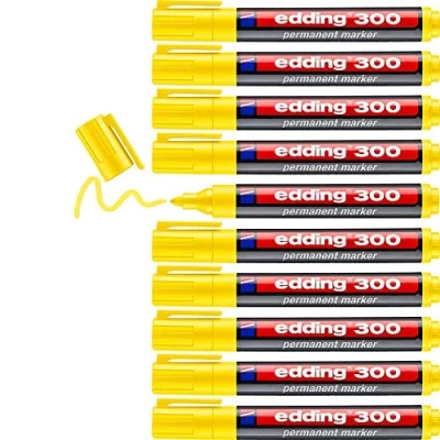 Image of edding 300 permanent marker yellow 10 pens round tip 1.5 3 mm waterproof, quick drying, smear proof for cardboard, plastic, glass, wood, metal and fabric