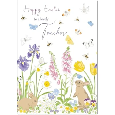 Image of doodlecards Teacher Easter Card Spring Flowers with Bunnies Medium Size Plain Envelope