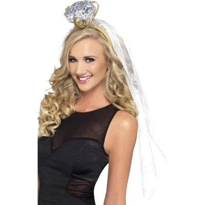 Image of Smiffys Hen Night Ring Headband, White with Veil, &amp; stag Fancy Dress, Party Dress Up / adult items