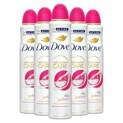 Image of Dove Advanced Care Go Fresh Anti Perspirant Aerosol Deodorant Spray for Women Dragonfruit &amp; Coconut Cream, Pack of 5, 72 Hours Sweat Protection Pro Ceramide Technology, 200 ml