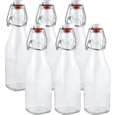 Image of Eidoct Clip Top Preserve Bottles 250ml Set of 6 Clear Glass with Airtight Stoppers, Swing for Beer Brewing, Wine, Condiments, Beverages, Oil, Vinegar, Kombucha &amp; Water