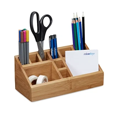 Image of Relaxdays Bamboo Desk Organiser, Pencil Holder, 10 Compartments, Wood Grain, Size: x 23 cm, Natural Brown