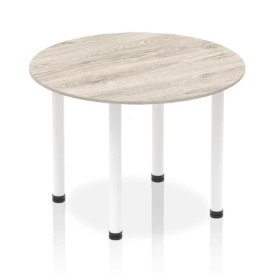 Image of Impulse 1000mm Round Table Grey Oak Top White Post Leg