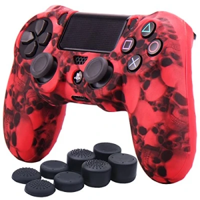 Image of YoRHa Water Transfer Printing Skull Silicone Cover Skin Case for Sony PS4/slim/Pro Dualshock 4 Controller x 1(red) With Pro thumb grips 8