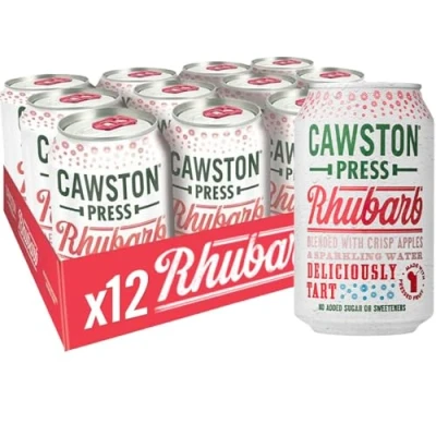 Image of Cawston Press Sparkling Rhubarb Fizzy Drink Blended With Water and Pressed Apple Juice (330ml x 12 cans) Gluten Free Vegan No Added Sugar