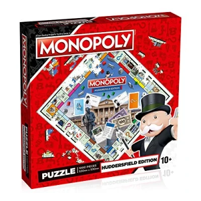 Image of Winning Moves Huddersfield Monopoly 1000 Piece Jigsaw Puzzle game, inspired by the Monoply board gift and toy for ages 10 plus