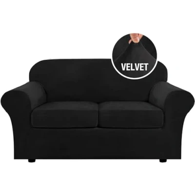 Image of LINGKY Velvet Sofa Cover 2 Seater With Separate Seat Cushion Covers, Stretch Couch Non Slip Slipcovers for Living Room Furniture Protector (Black,2 Seater)