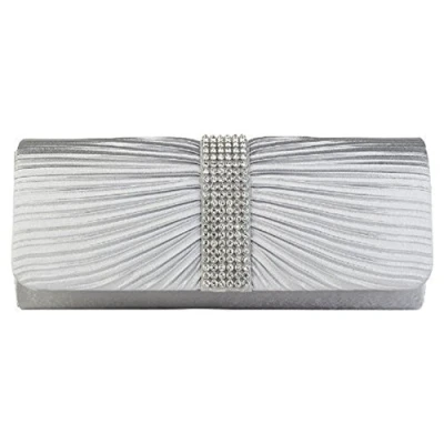 Image of Eleoption Womens Satin Diamante Ladies Pleated Bow Wedding Bridal Prom Handbag Clutch Bag, Gray