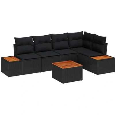 Image of vidaXL 6 Piece Garden Sofa Set with Cushions Black Poly Rattan Acacia