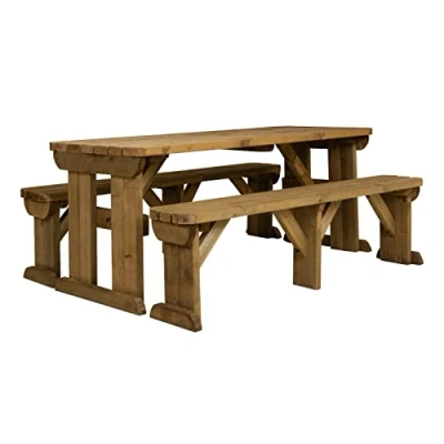 Image of Arbor Garden Solutions Wooden picnic table and benches set, Aspen rounded patio furniture (8ft, Rustic Brown)