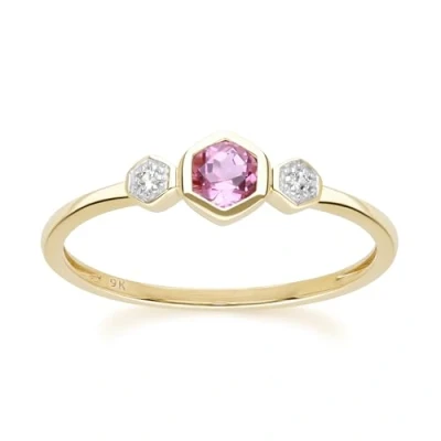 Image of Geometric Round Pink Tourmaline and Sapphire Ring in 9ct Yellow Gold Size: O