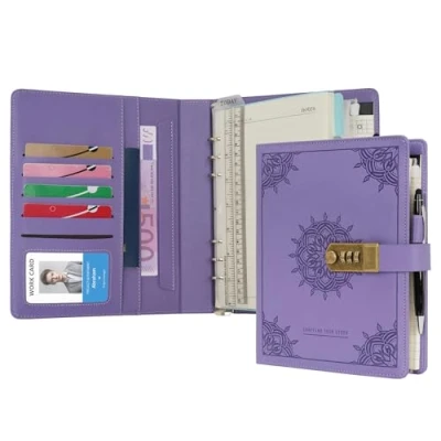 Image of WASON Diary with Lock A5 Binder Ruled Spiral Notebook Journal Planner Portfolio and Refillable Writing Lined Paper Notepad, Pen, Clipboard Organizer For Ideal Business, School &amp; Travel (Purple)