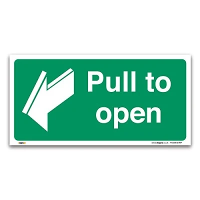 Image of Pack of 2 Pull to open Fire exit Signs, 1mm Rigid Plastic 100x50mm, British Standard Safety Door Signs