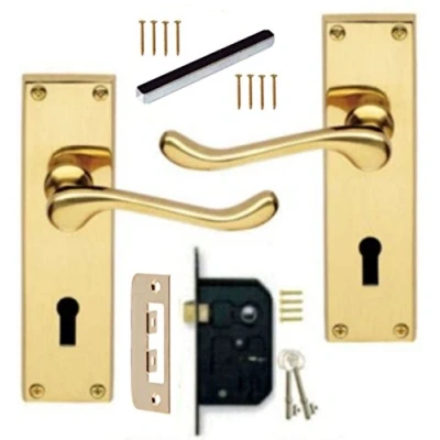 Image of Brass Door Handles Internal Gold for Interior Doors, Handle Lock, Lockable with 3 Lever Lock Set, &amp; Secure
