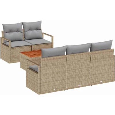 Image of vidaXL 6 Piece Garden Sofa Set with Cushions Beige Poly Rattan Acacia