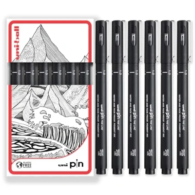 Image of uni ball PIN Fineliners Black Fine Tipped Writing Pens Water &amp; Fade Resistant Ink Ideal for Sketching, Scrapbooking, Outlining, Art, Technical Drawing In Gift Box (Pack of 6, 1.0mm)