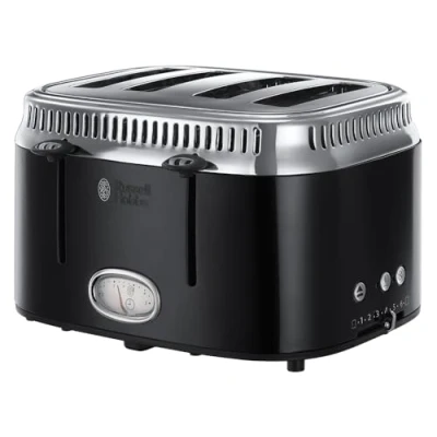 Image of Russell Hobbs 4 Slice Toaster (Stainless steel with Retro accents,Fast toasting, Countdown gauge, Lift &amp; Look feature, Variable browning levels, Cancel, frozen reheat function, Black) 21691