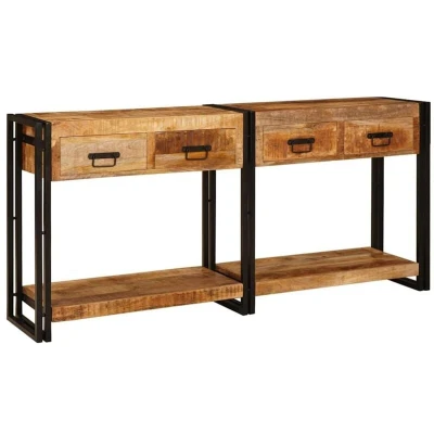 Image of vidaXL Console Tables with Drawer Shelf Storage 2 pcs Brown Solid rough mango wood