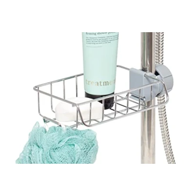 Image of simplywire Shower Storage Caddy Screws onto Pole No Drill Bathroom Shelf Chrome