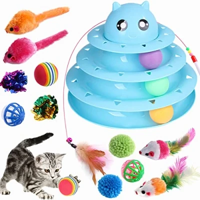 Image of Wefine 14 PCS Cat Toys for Indoor Cats Kitten, Pet Interactive Fun Roller Exerciser Track 3 Level Teaser Ball with Colorful Balls, Feather Wand