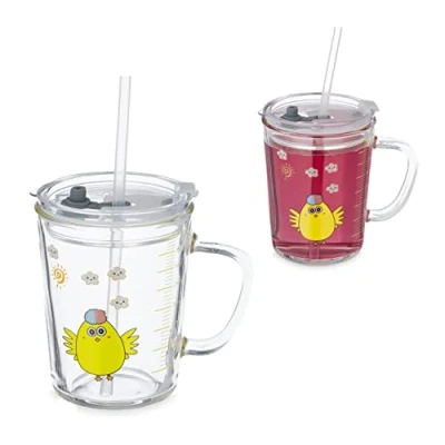 Image of Relaxdays Set of 2 Children&#039;s Cups, Fun Chicken Motif, Drinking Glasses for Kids, Lid &amp; Straw, Vol. 400 ml, Transparent, 12 x 9 cm