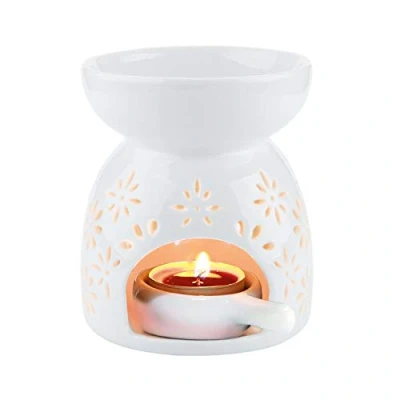 Image of ComSaf Wax Melt Essential Oil Burner White Flower Pattern, Ceramic Aroma Burners Assorted Warmer Aromatherapy Tarts Holder Candle Scented Diffuser Home Bedroom Decor Christmas Housewarming Gift