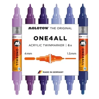 Image of Molotow One4All Acrylic Twin Marker Violet Set (1.5 and 4.0 mm Line Width, High Coverage Permanent, Quick Drying, Refillable, for Almost All Surfaces) Pack of 6 Assorted Colours