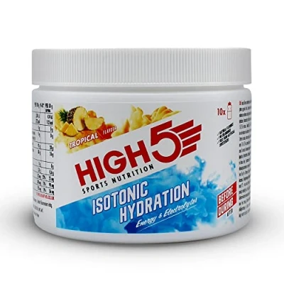 Image of HIGH5 Hydration Energy Drink Powder Isotonic Electrolyte 28 g Carbs 25mg Magnesium Added Postbiotics Zero Fat (Tropical, 300g)