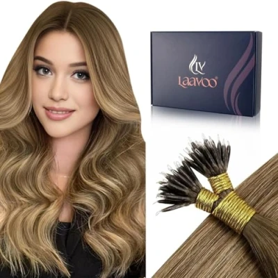 Image of LaaVoo Nano Hair Extensions Real Human Light Brown and Dark Blonde Omber Beads Ring 14 Inch 50 Strands 50g Straight Remy #8/16/8